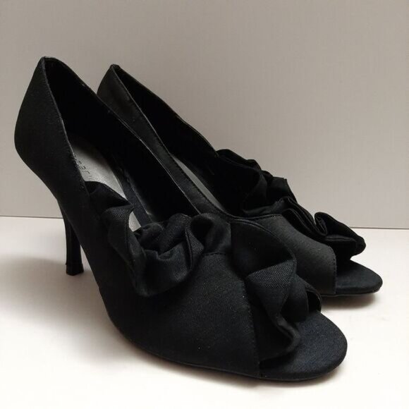 ANN MARINO Ruffle Detail Peep-Toe Slip-On High Heel Shoes Black Fabric Sz 9 M - Picture 16 of 16